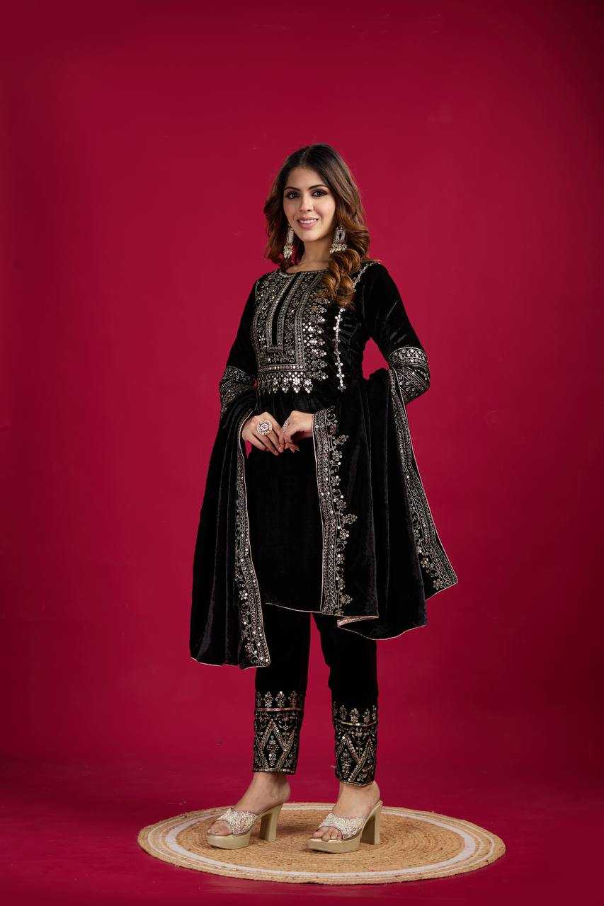 YNF VELVET KESH123 5017 SUITS & DRESSES WHOLESALE VELVET EMBROIDERY LONG KURTI BLACK SUITS MANUFACTURE - Kapda Export