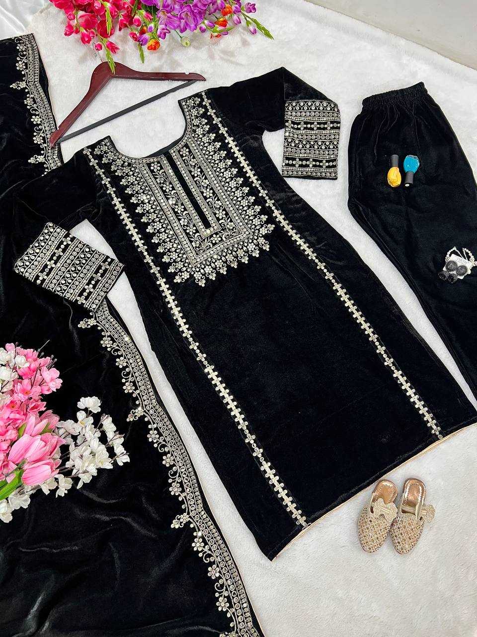 YNF VELVET KESH123 5017 SUITS & DRESSES WHOLESALE VELVET EMBROIDERY LONG KURTI BLACK SUITS MANUFACTURE - Kapda Export