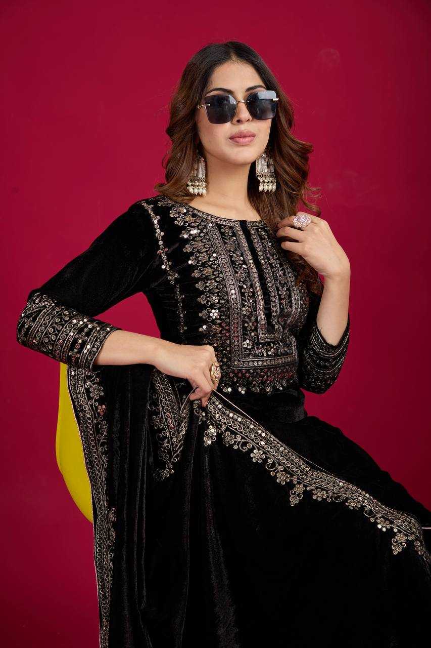 YNF VELVET KESH123 5017 SUITS & DRESSES WHOLESALE VELVET EMBROIDERY LONG KURTI BLACK SUITS MANUFACTURE - Kapda Export