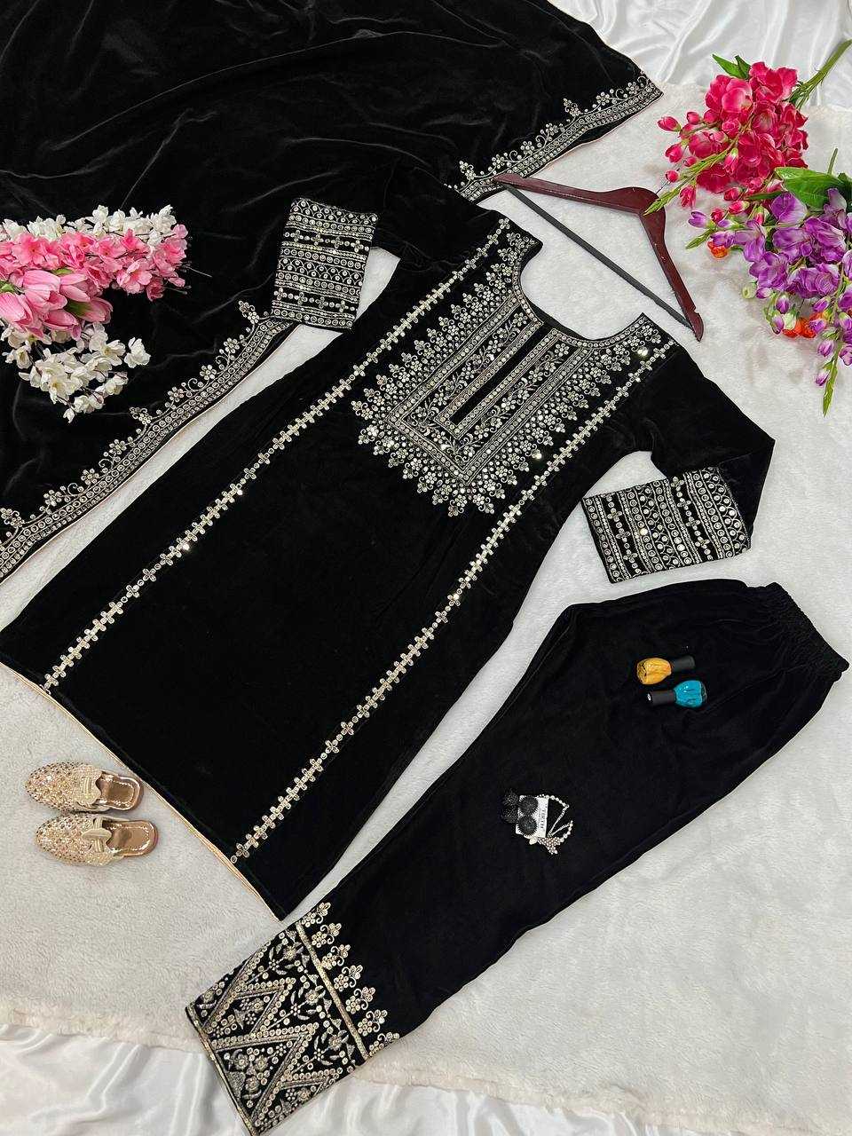 YNF VELVET KESH123 5017 SUITS & DRESSES WHOLESALE VELVET EMBROIDERY LONG KURTI BLACK SUITS MANUFACTURE - Kapda Export