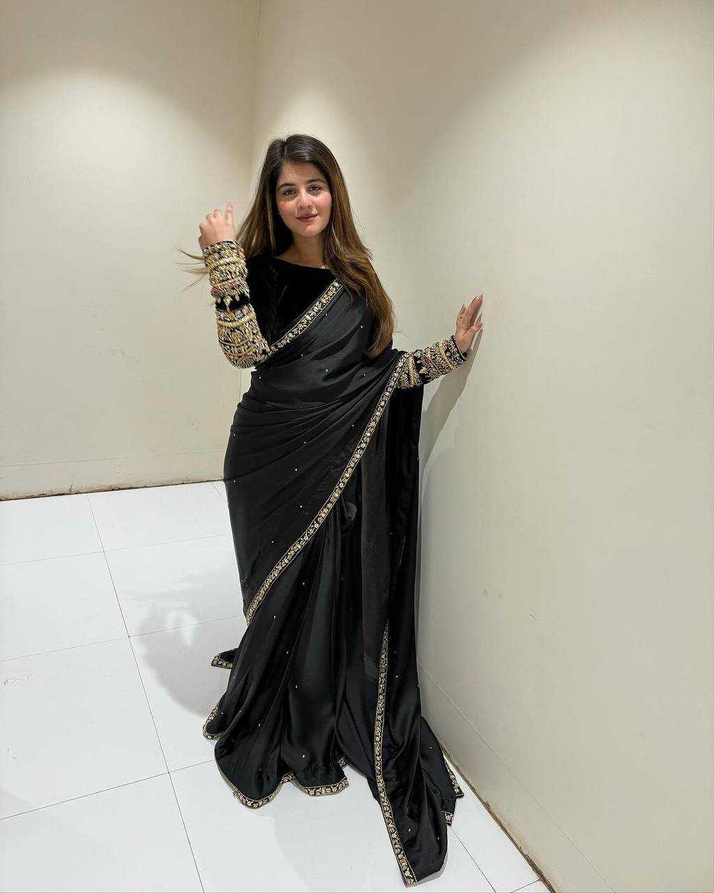 YNF VELVET RIN181 403 SAREES WHOLESALE PARTY WEAR VELVET EMBROIDERED BLACK SAREES MANUFACTURER