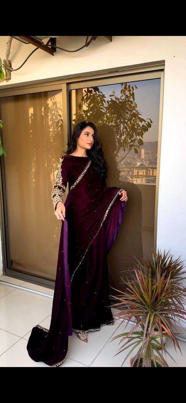 YNF VELVET RIN181 403 SAREES WHOLESALE PARTY WEAR VELVET EMBROIDERED BLACK SAREES MANUFACTURER