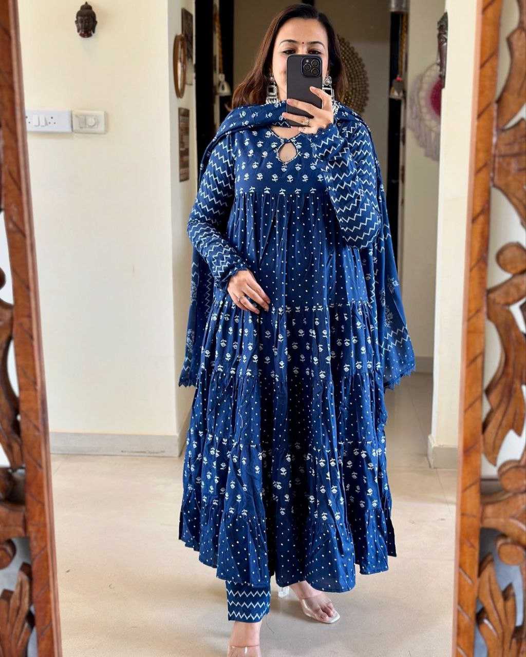 YNF BLUE KESH120 HAND KHATLI Work SUITS & DRESSES WHOLESALE PRINTED COTTON ANARKALI BLUE SUITS MANUFACTURE- Kapda Export