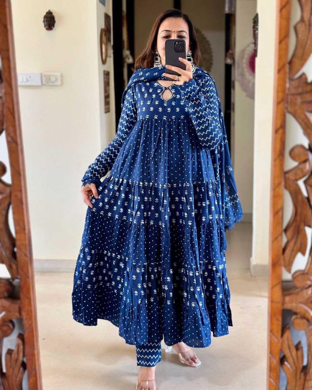 YNF BLUE KESH120 HAND KHATLI Work SUITS & DRESSES WHOLESALE PRINTED COTTON ANARKALI BLUE SUITS MANUFACTURE- Kapda Export