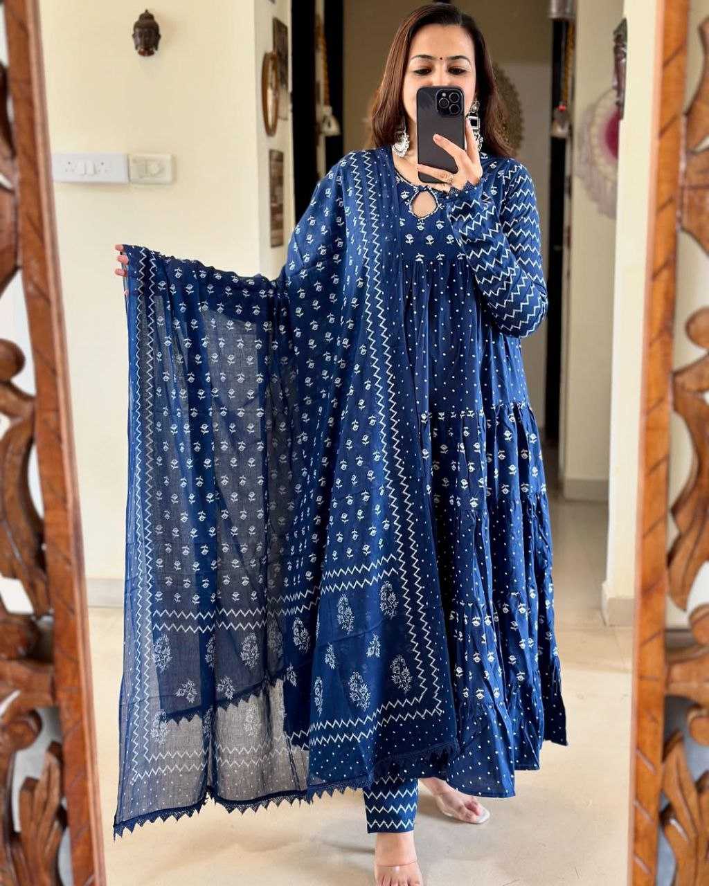 YNF BLUE KESH120 HAND KHATLI Work SUITS & DRESSES WHOLESALE PRINTED COTTON ANARKALI BLUE SUITS MANUFACTURE- Kapda Export