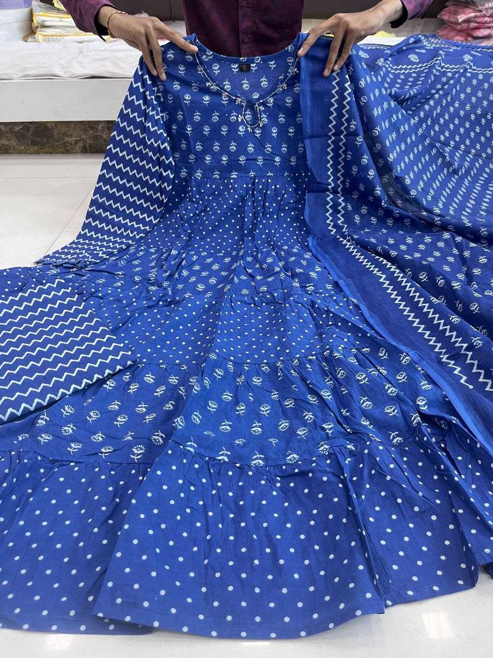 YNF BLUE KESH120 HAND KHATLI Work SUITS & DRESSES WHOLESALE PRINTED COTTON ANARKALI BLUE SUITS MANUFACTURE- Kapda Export