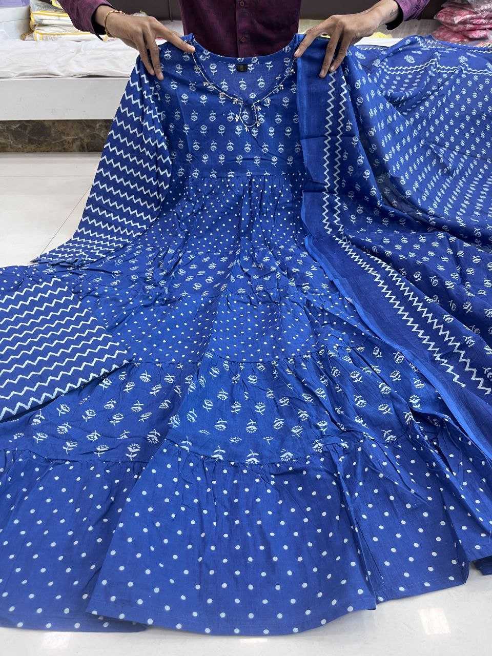 YNF BLUE KESH120 HAND KHATLI Work SUITS & DRESSES WHOLESALE PRINTED COTTON ANARKALI BLUE SUITS MANUFACTURE- Kapda Export