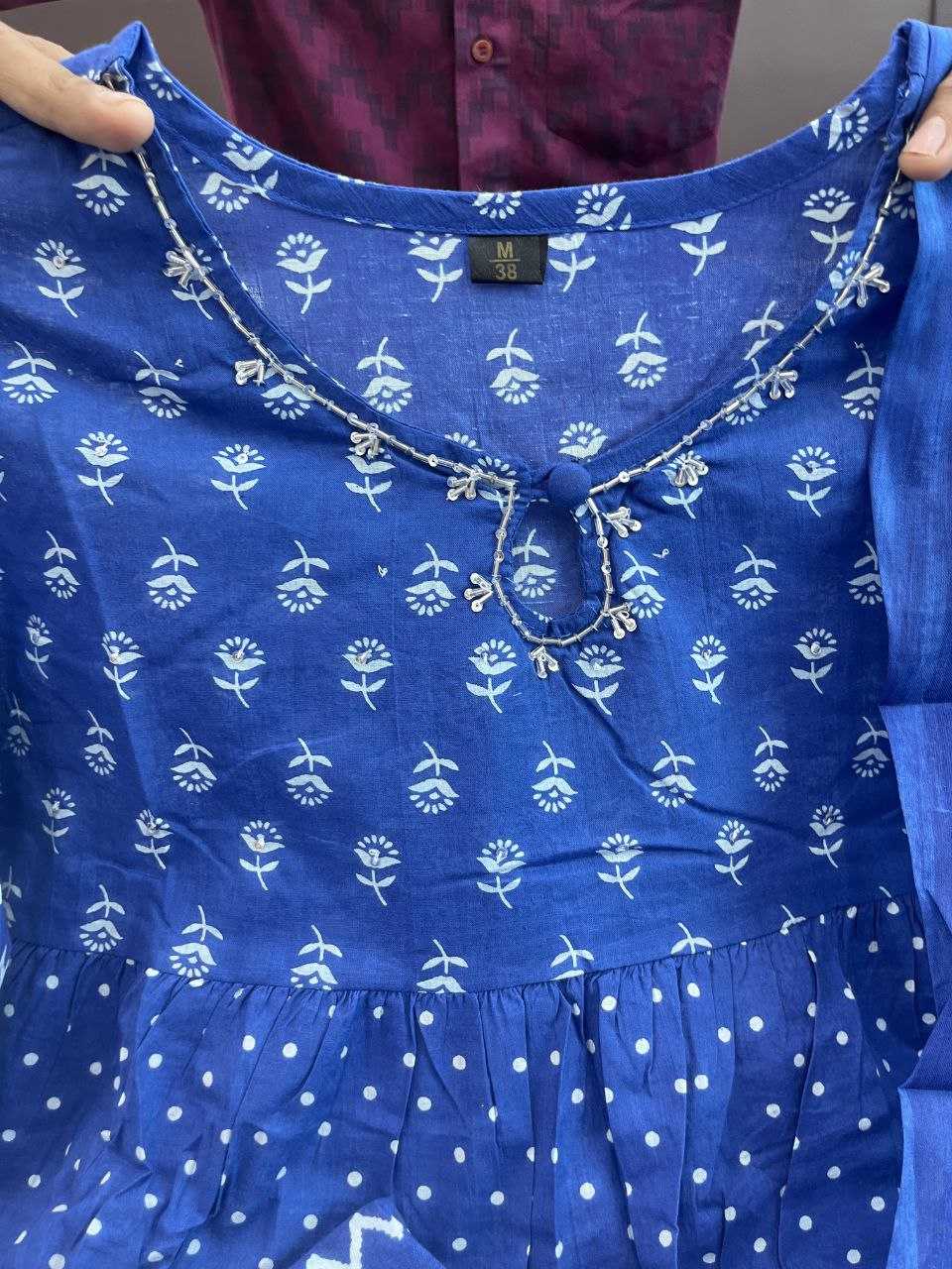 YNF BLUE KESH120 HAND KHATLI Work SUITS & DRESSES WHOLESALE PRINTED COTTON ANARKALI BLUE SUITS MANUFACTURE- Kapda Export