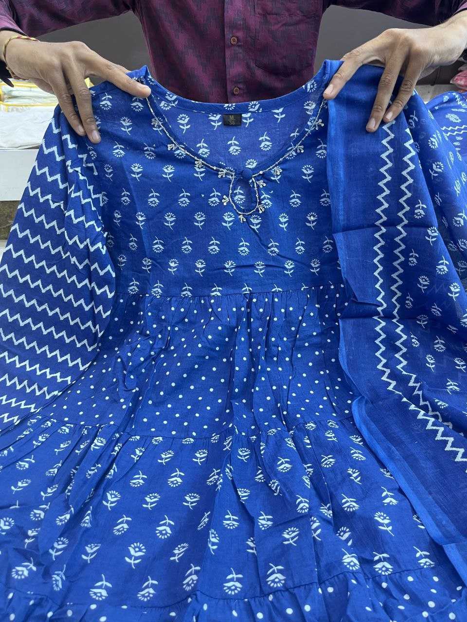 YNF BLUE KESH120 HAND KHATLI Work SUITS & DRESSES WHOLESALE PRINTED COTTON ANARKALI BLUE SUITS MANUFACTURE- Kapda Export