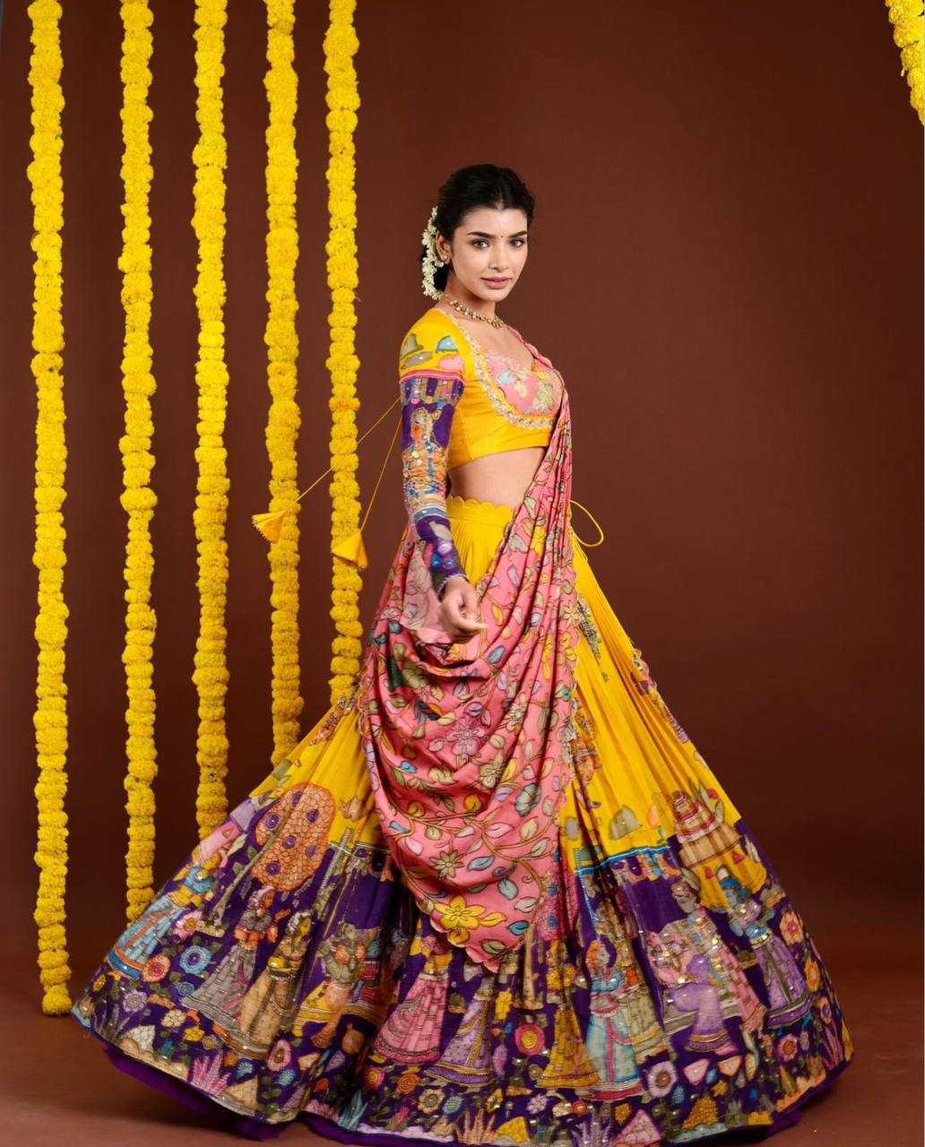 YNF CHENT CREPE KESH119 462 LEHENGAS WHOLESALE KALAMAKRI TRADITIONAL PRINTED LEHENGAS MANUFACTURER- Kapda Export