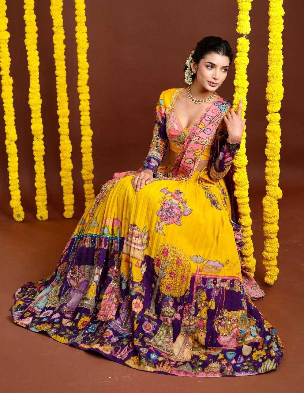 YNF CHENT CREPE KESH119 462 LEHENGAS WHOLESALE KALAMAKRI TRADITIONAL PRINTED LEHENGAS MANUFACTURER- Kapda Export