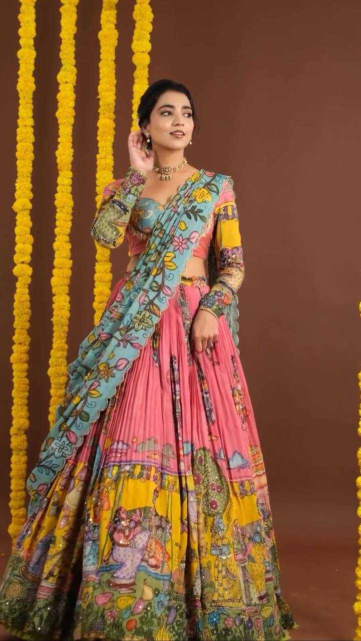 YNF CHENT CREPE KESH119 462 LEHENGAS WHOLESALE KALAMAKRI TRADITIONAL PRINTED LEHENGAS MANUFACTURER- Kapda Export