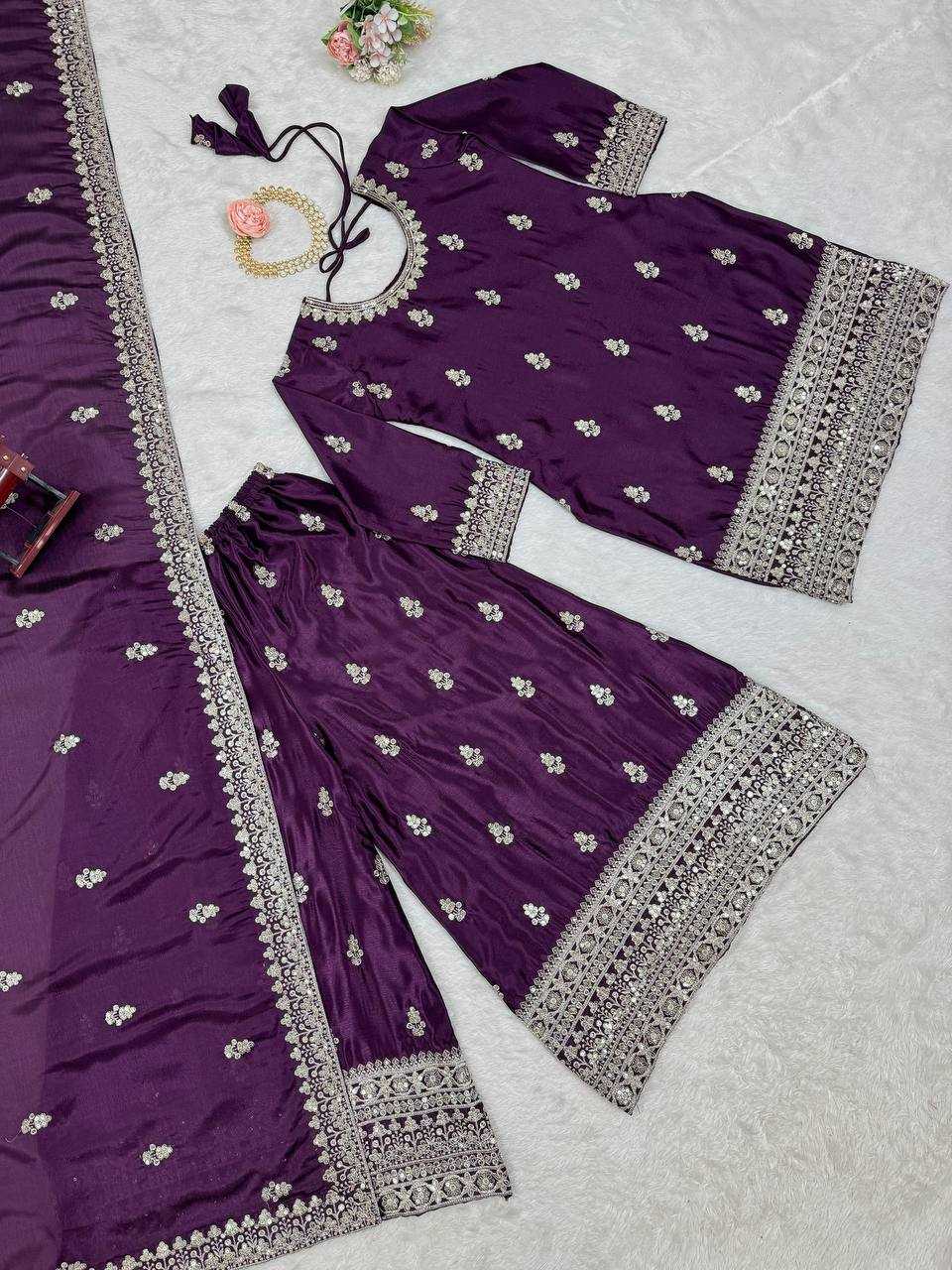 YNF CHINON SILK RIN169 5784 SUITS & DRESSES WHOLESALE EMBROIDEREY WEDDING PALAZOO SILK SUITS MANUFACTURE- Kapda Export