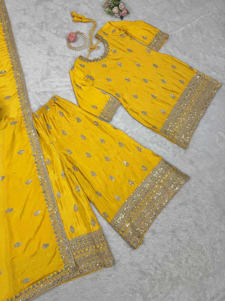 YNF CHINON SILK RIN169 5784 SUITS & DRESSES WHOLESALE EMBROIDEREY WEDDING PALAZOO SILK SUITS MANUFACTURE- Kapda Export