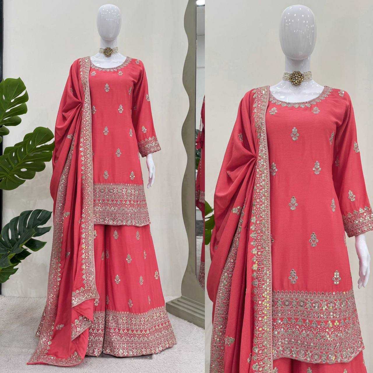 YNF CHINON SILK RIN169 5784 SUITS & DRESSES WHOLESALE EMBROIDEREY WEDDING PALAZOO SILK SUITS MANUFACTURE- Kapda Export