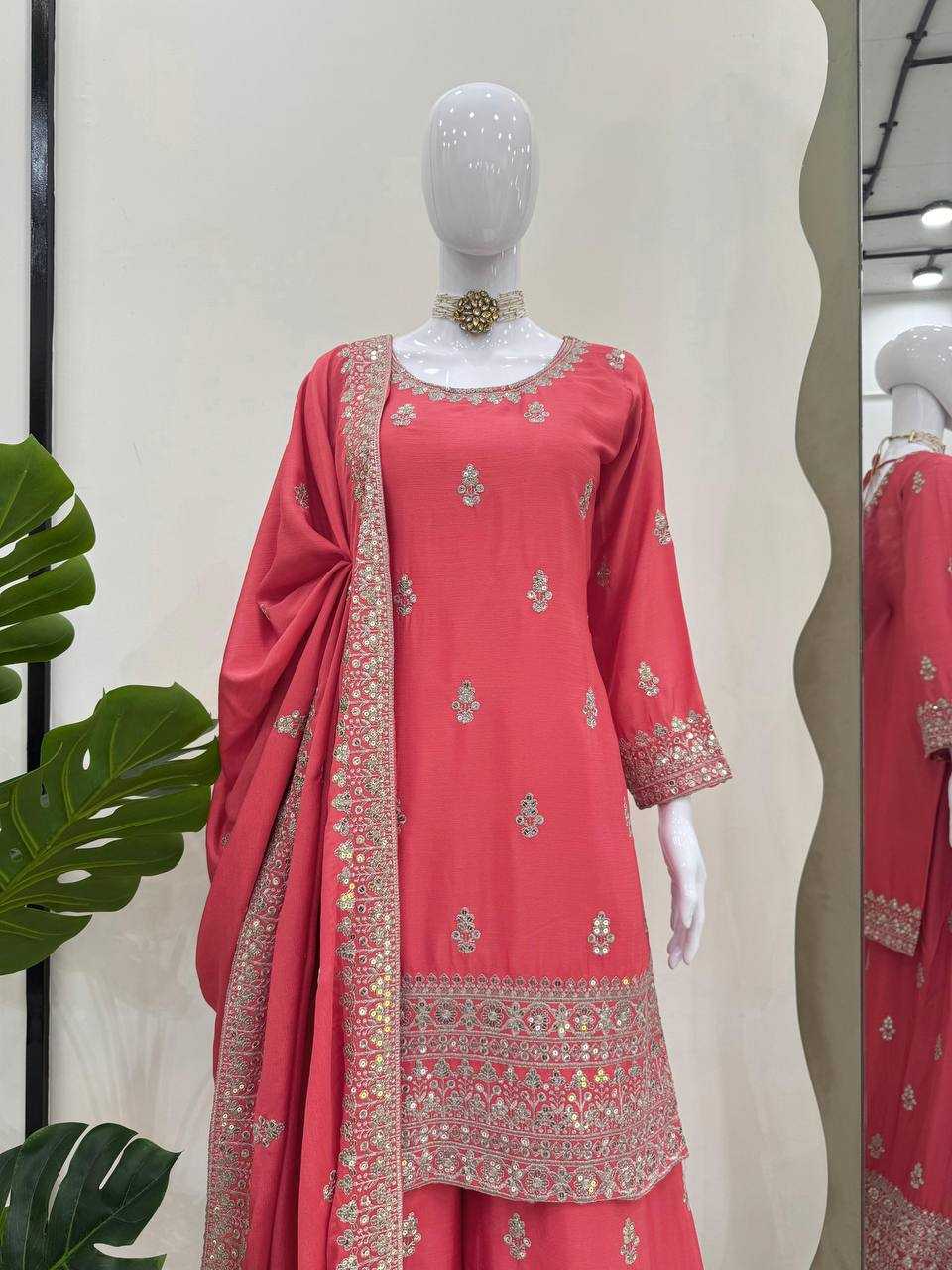 YNF CHINON SILK RIN169 5784 SUITS & DRESSES WHOLESALE EMBROIDEREY WEDDING PALAZOO SILK SUITS MANUFACTURE- Kapda Export