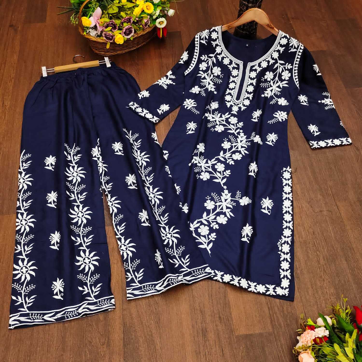 YNF RAYON KESH243 1040 KURTIS WHOLESALE RAYON EMBROIDERED CHIKANKARI KURTI WITH PALAZZO KURTIS MANUFACTURER- Kapda Export