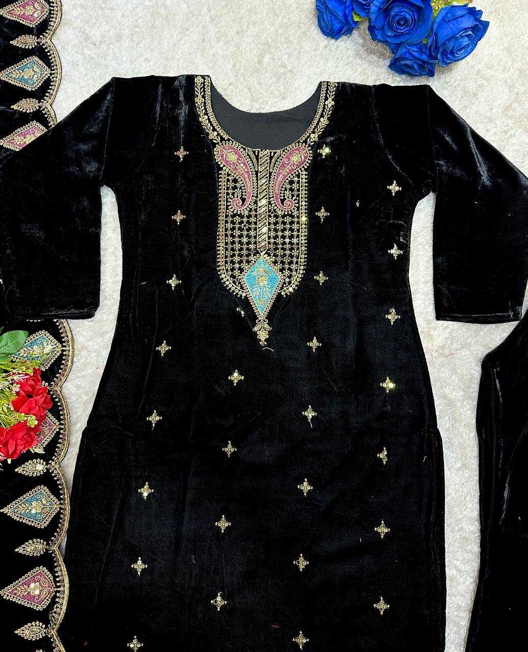 YNF VELVET KESH147 229 SUITS & DRESSES WHOLESALE VELVET EMBROIDERY BLACK SALWAR LONG KURTI SUITS MANUFACTURE- Kapda Export