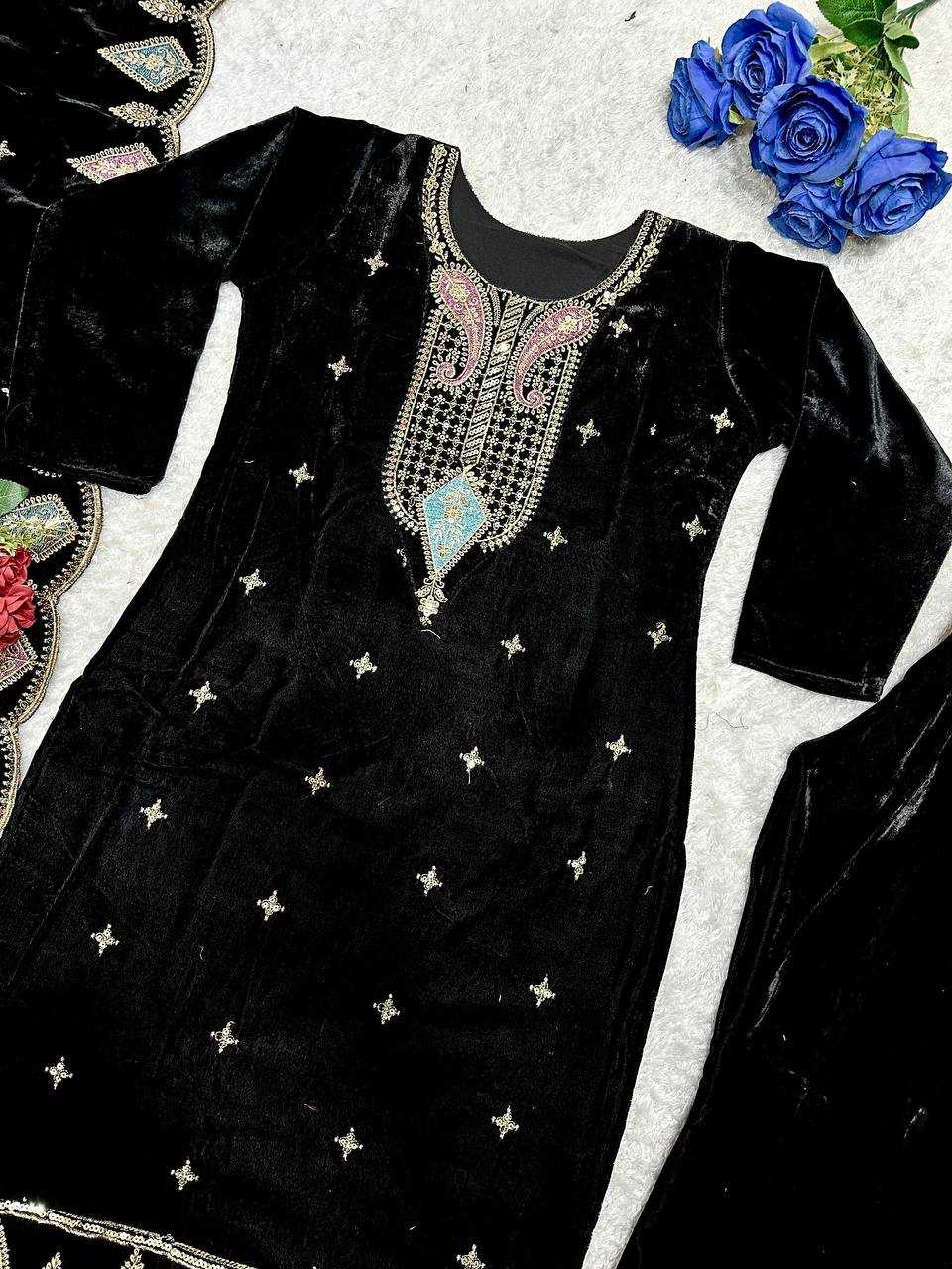 YNF VELVET KESH147 229 SUITS & DRESSES WHOLESALE VELVET EMBROIDERY BLACK SALWAR LONG KURTI SUITS MANUFACTURE- Kapda Export