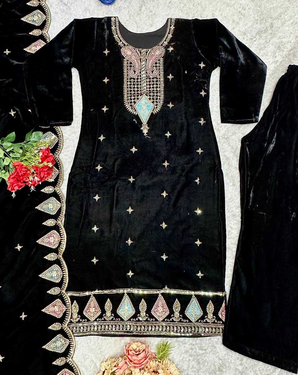 YNF VELVET KESH147 229 SUITS & DRESSES WHOLESALE VELVET EMBROIDERY BLACK SALWAR LONG KURTI SUITS MANUFACTURE- Kapda Export