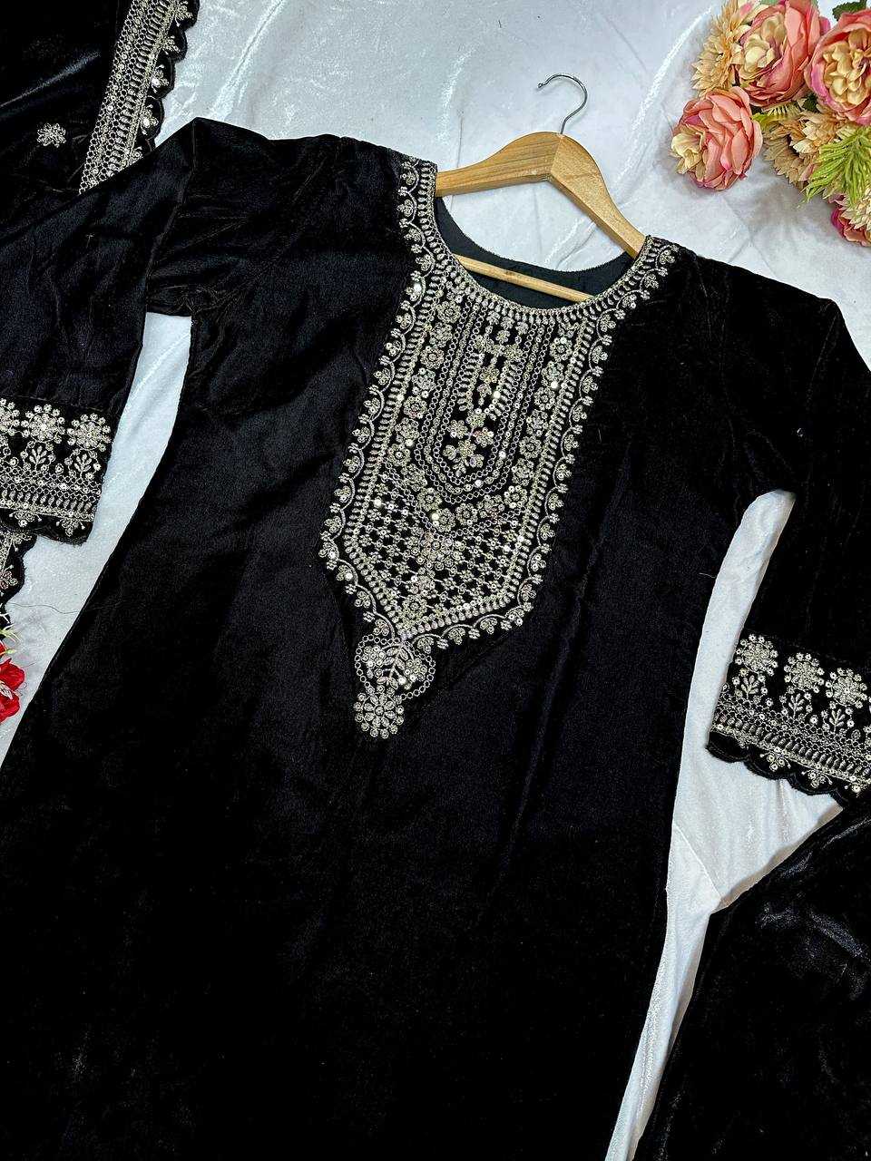 YNF VELVET KESH147 231 SUITS & DRESSES WHOLESALE EMBROPIDERY VELVET PARTY WEAR BLACK SUITS MANUFACTURE- Kapda Export