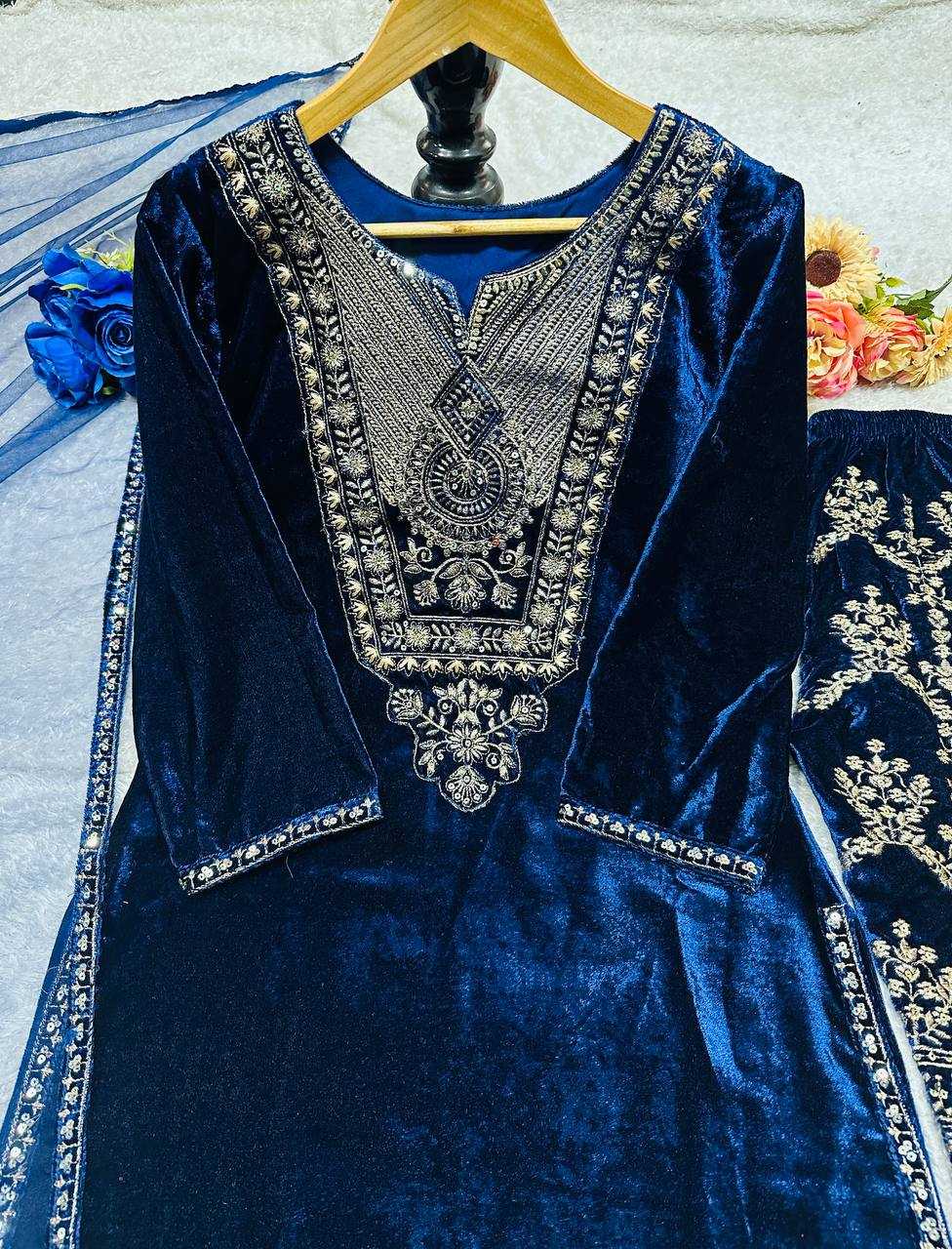 YNF VELVET KESH147 232 SUITS & DRESSES WHOLESALE EMBROPIDERY VELVET PARTY WEAR BLUE SUITS MANUFACTURE- Kapda Export