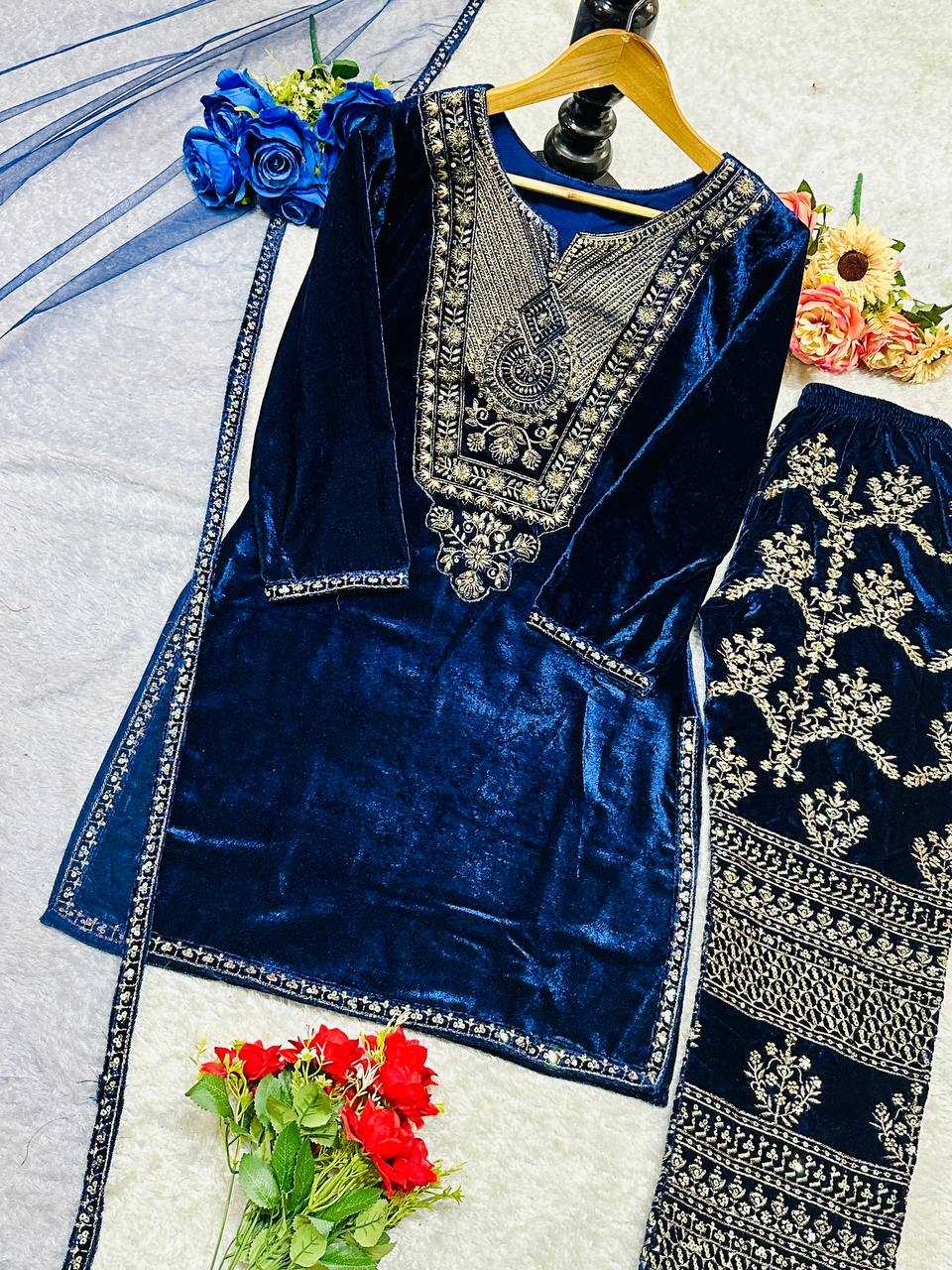 YNF VELVET KESH147 232 SUITS & DRESSES WHOLESALE EMBROPIDERY VELVET PARTY WEAR BLUE SUITS MANUFACTURE- Kapda Export