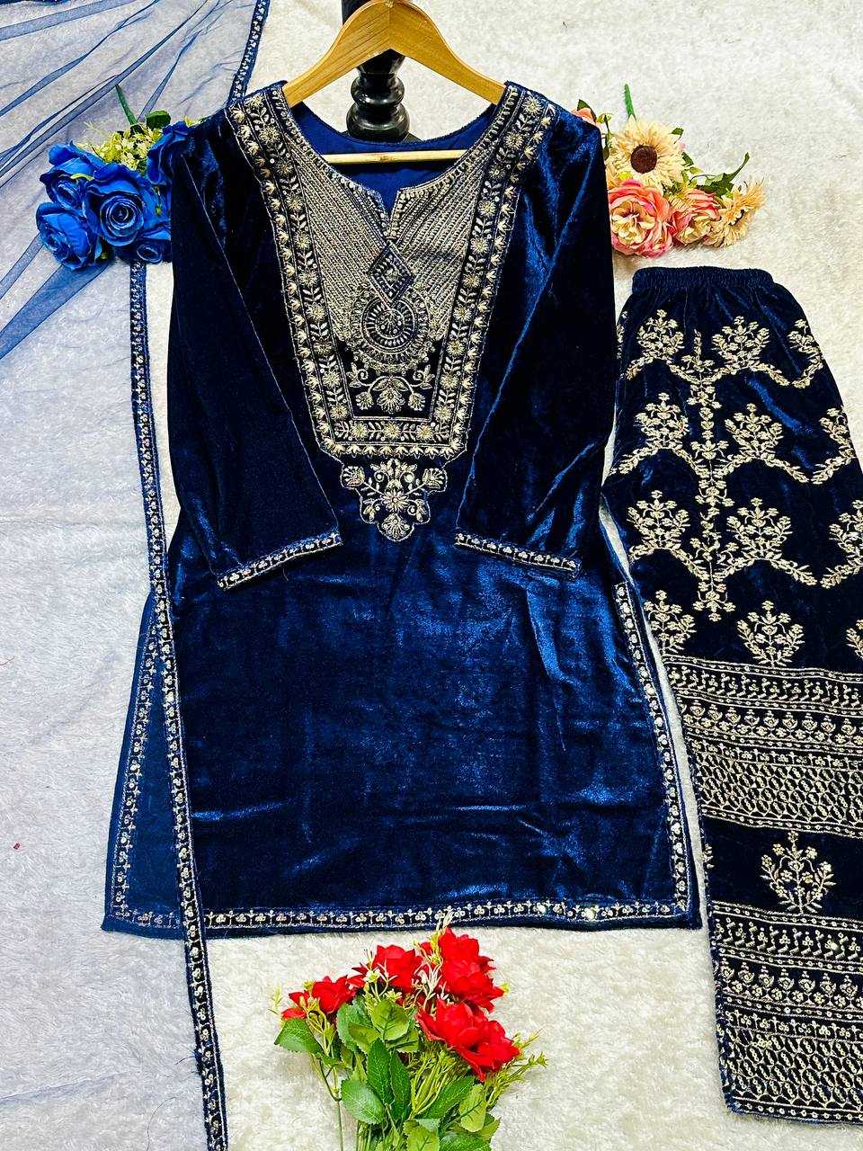 YNF VELVET KESH147 232 SUITS & DRESSES WHOLESALE EMBROPIDERY VELVET PARTY WEAR BLUE SUITS MANUFACTURE- Kapda Export