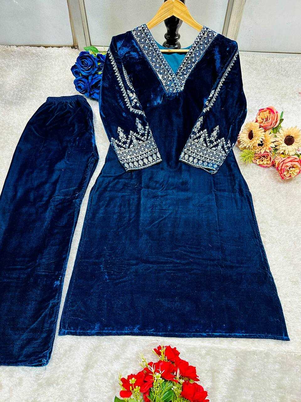 YNF VELVET KESH148 051 KURTIS WHOLESALE PARTY WEAR KURTI WITH BOTTOM EMBROIDERED V NECK KURTIS MANUFACTURER- Kapda Export