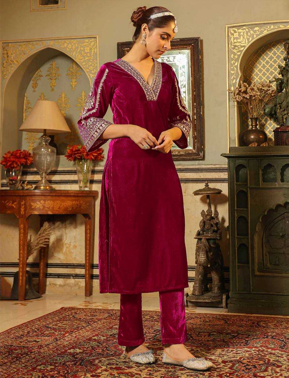 YNF VELVET KESH148 051 KURTIS WHOLESALE PARTY WEAR KURTI WITH BOTTOM EMBROIDERED V NECK KURTIS MANUFACTURER- Kapda Export