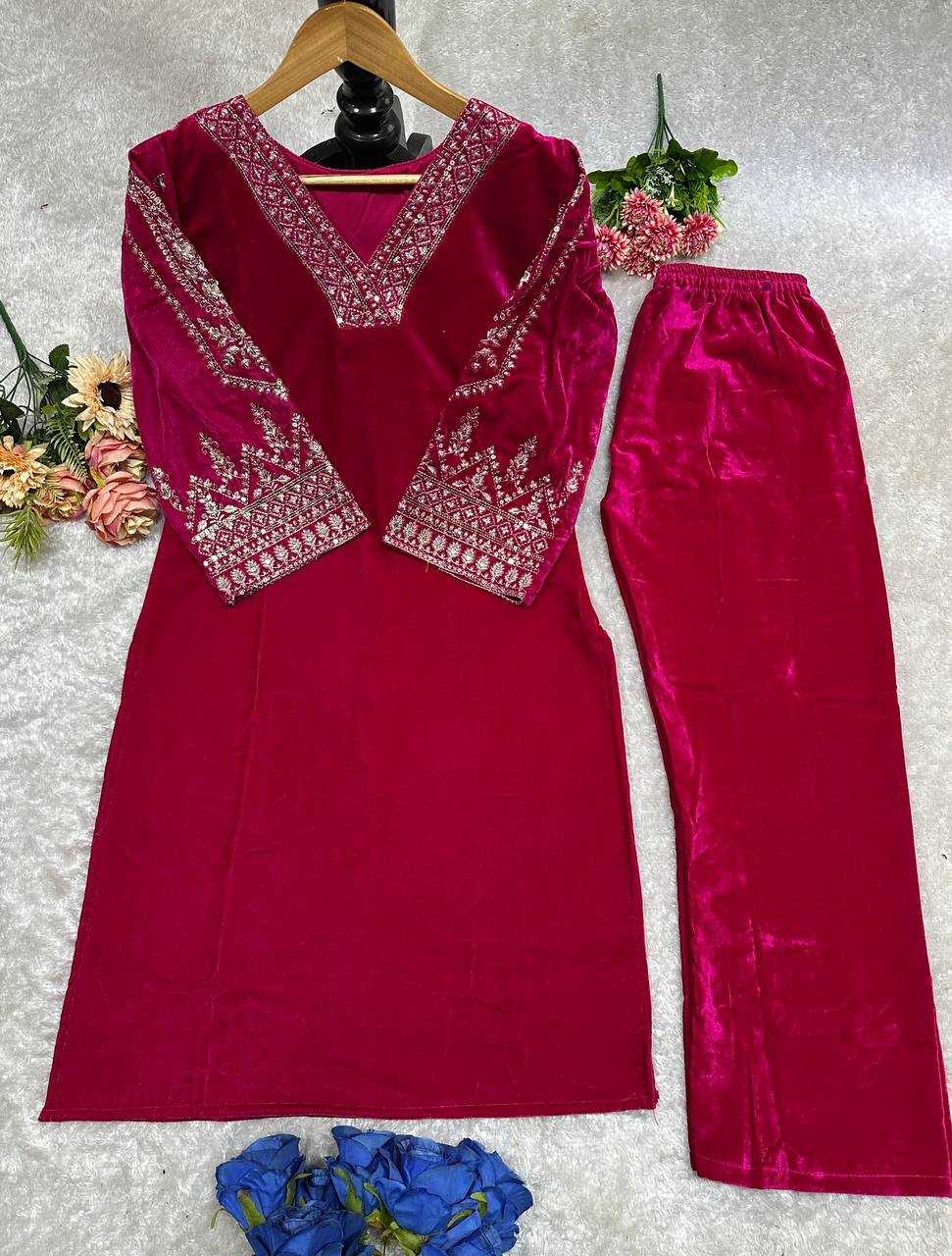 YNF VELVET KESH148 051 KURTIS WHOLESALE PARTY WEAR KURTI WITH BOTTOM EMBROIDERED V NECK KURTIS MANUFACTURER- Kapda Export