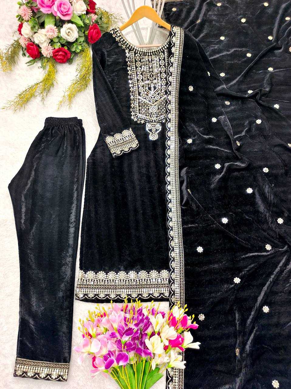 YNF VELVET KESH156 101 SUITS & DRESSES WHOLESALE EMBROPIDERY VELVET LONG KURTI BLACK SUITS MANUFACTURE- Kapda Export