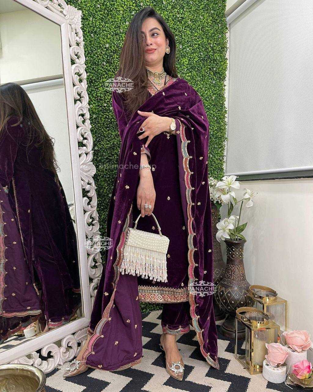 YNF VELVET RIN1411894A SUITS & DRESSES WHOLESAL PAKISTANI EMBROIDERY VELVET WEDDING SUITS MANUFACTURE- Kapda Export