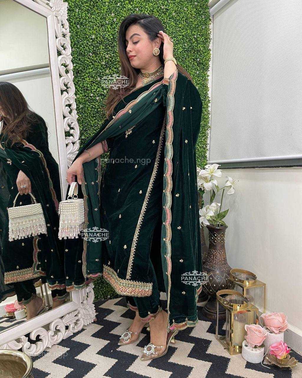 YNF VELVET RIN1411894A SUITS & DRESSES WHOLESAL PAKISTANI EMBROIDERY VELVET WEDDING SUITS MANUFACTURE- Kapda Export