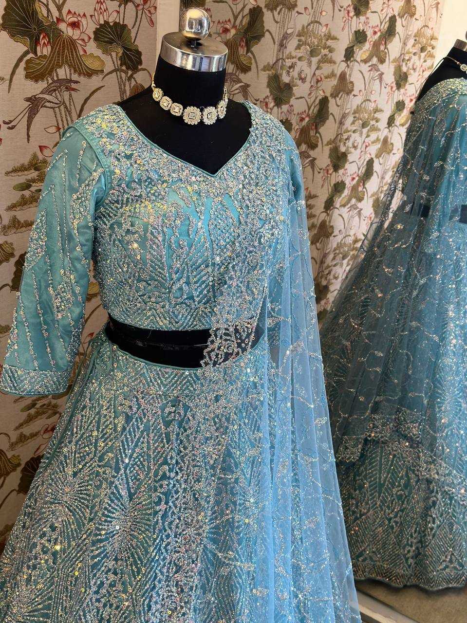 YNF NET RIN114 5027 LEHENGAS WHOLESALE DESIGNER FANCY NET FANCY EMBROIDERED LEHENGAS MANUFACTURER