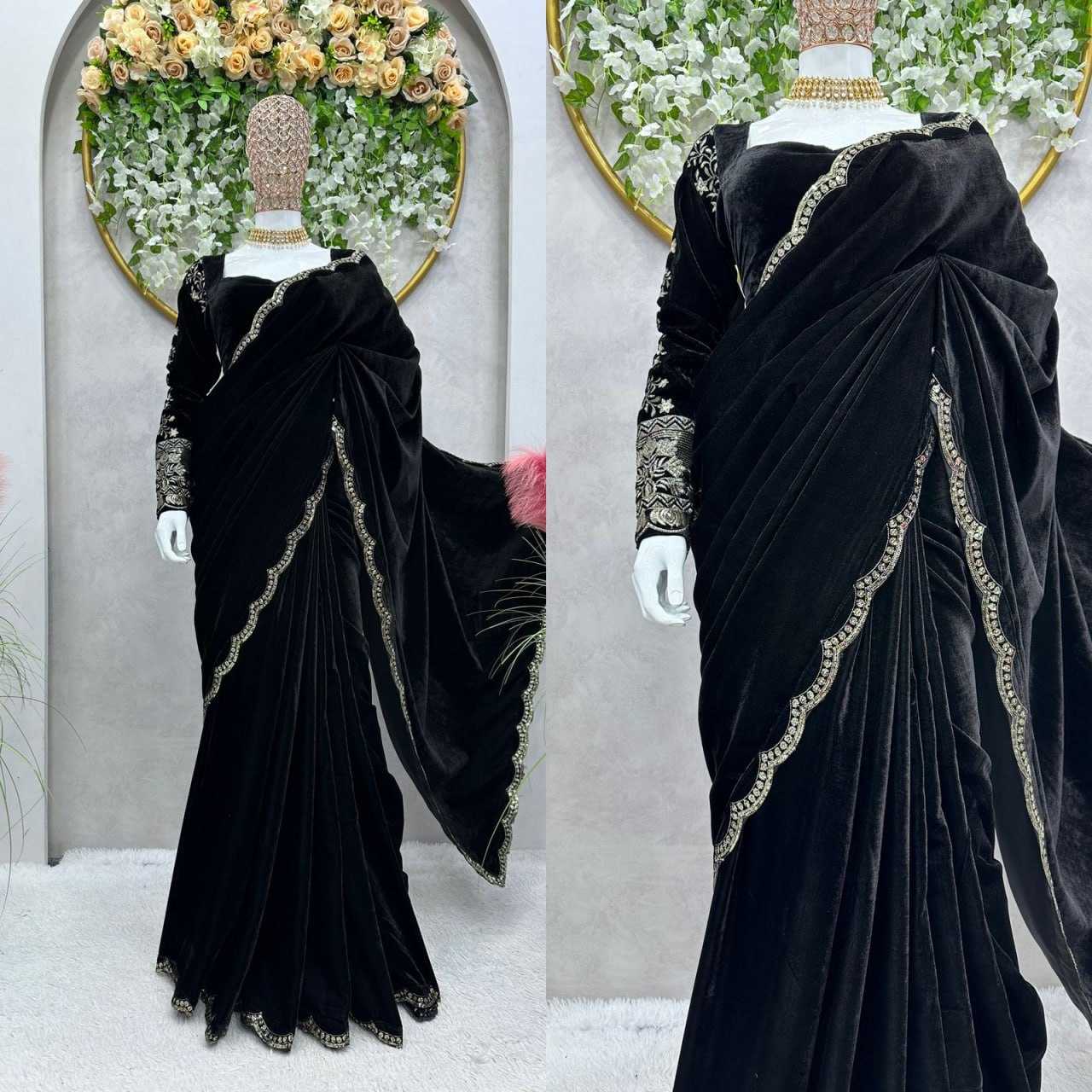 YNF VELVET RIN133 436 SAREES WHOLESALE READY TO WEAR SEQUENCE VELVET PRE DRAPED LACE BORDER SAREES MANUFACTURER