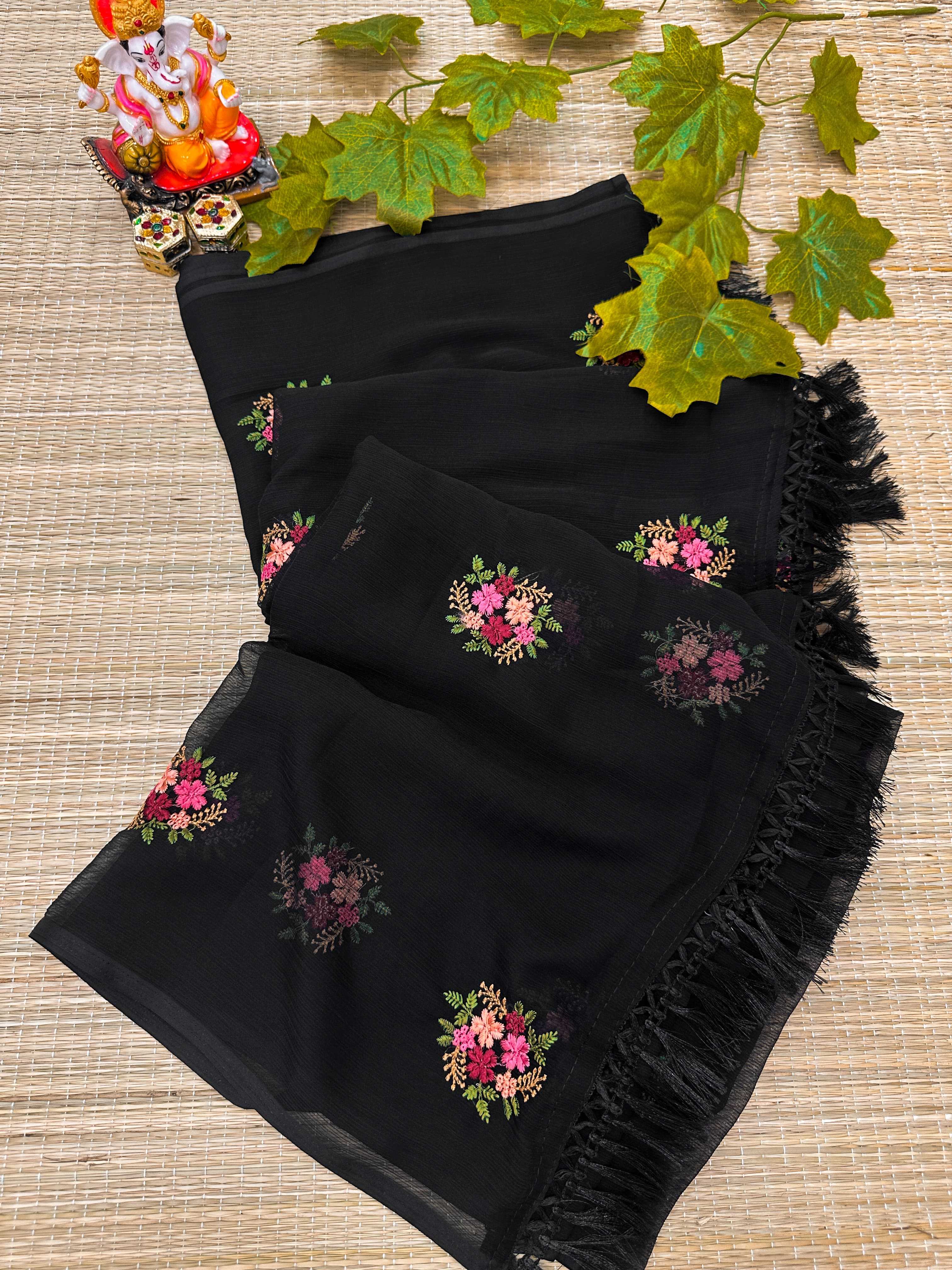 YNF CHIFFFON RIN163 RAE36 SAREES WHOLESALE CHIFFON EMBROIDERED BUTTA BLACK SAREES MANUFACTURER