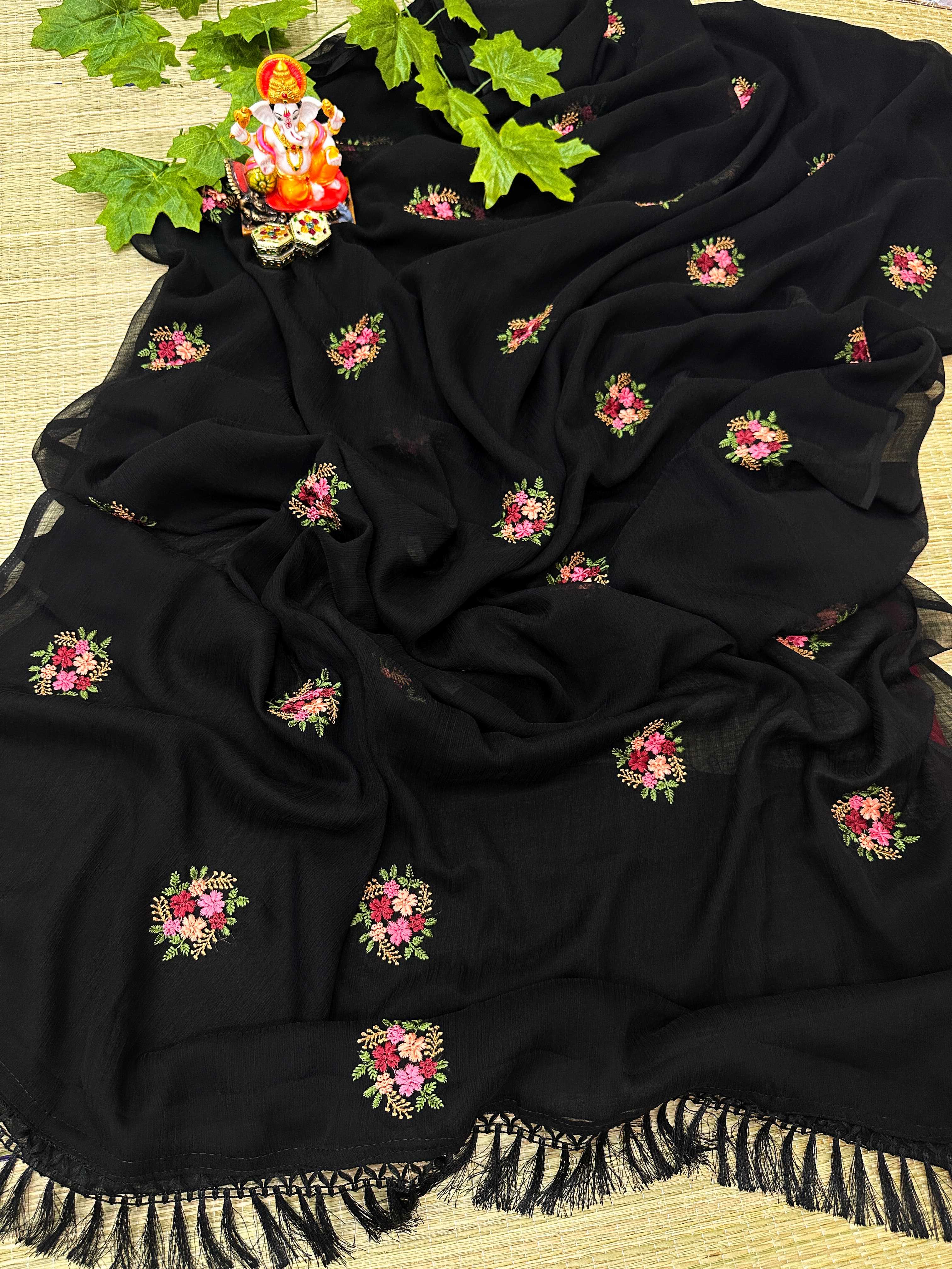 YNF CHIFFFON RIN163 RAE36 SAREES WHOLESALE CHIFFON EMBROIDERED BUTTA BLACK SAREES MANUFACTURER