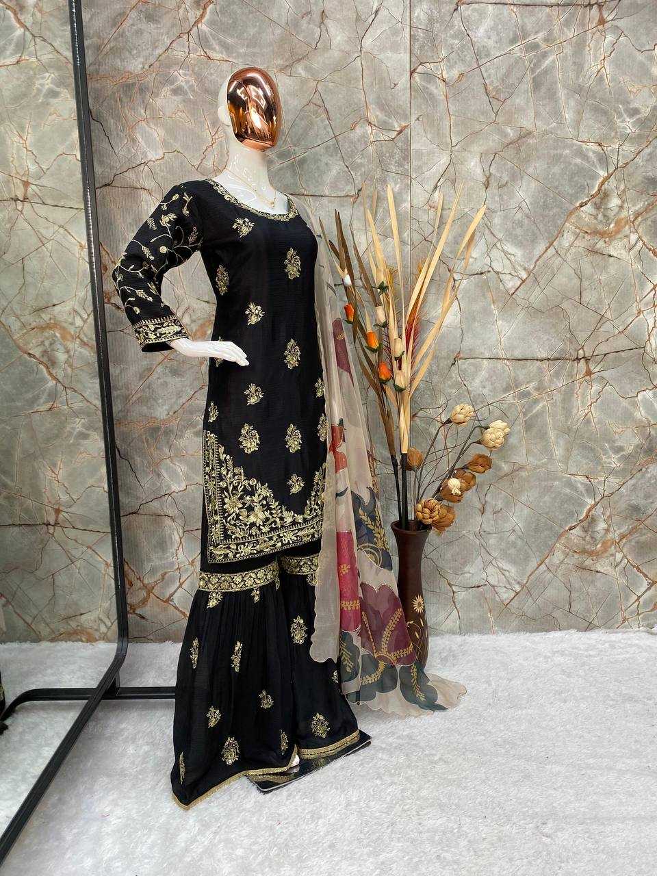 YNF CHINON RIN141 1887 SUITS & DRESSES WHOLESALE SHARARA SALWAR EMBROIDERY PARTY WEAR ZARI WORK SILK BLACK SALWAR SUITS MANUFACTURER