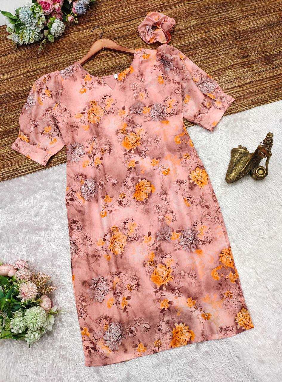 YNF COTTON KESH211 LDY45 KURTIS WHOLESALE SHORT PRINTED COTTON LADIES V-NECK PEACH KURTIS MANUFACTURER