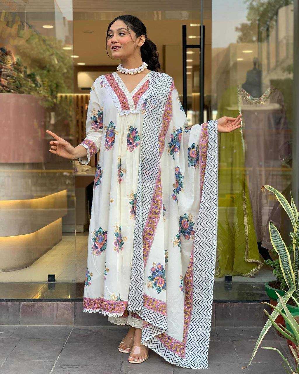 YNF COTTON KESH211 LDY74 SUITS & DRESSES WHOLESALE PRINTED EMBROIDERY COTTON ANARKALI LONG KURTIS WHITE SALWAR SUITS MANUFACTURER