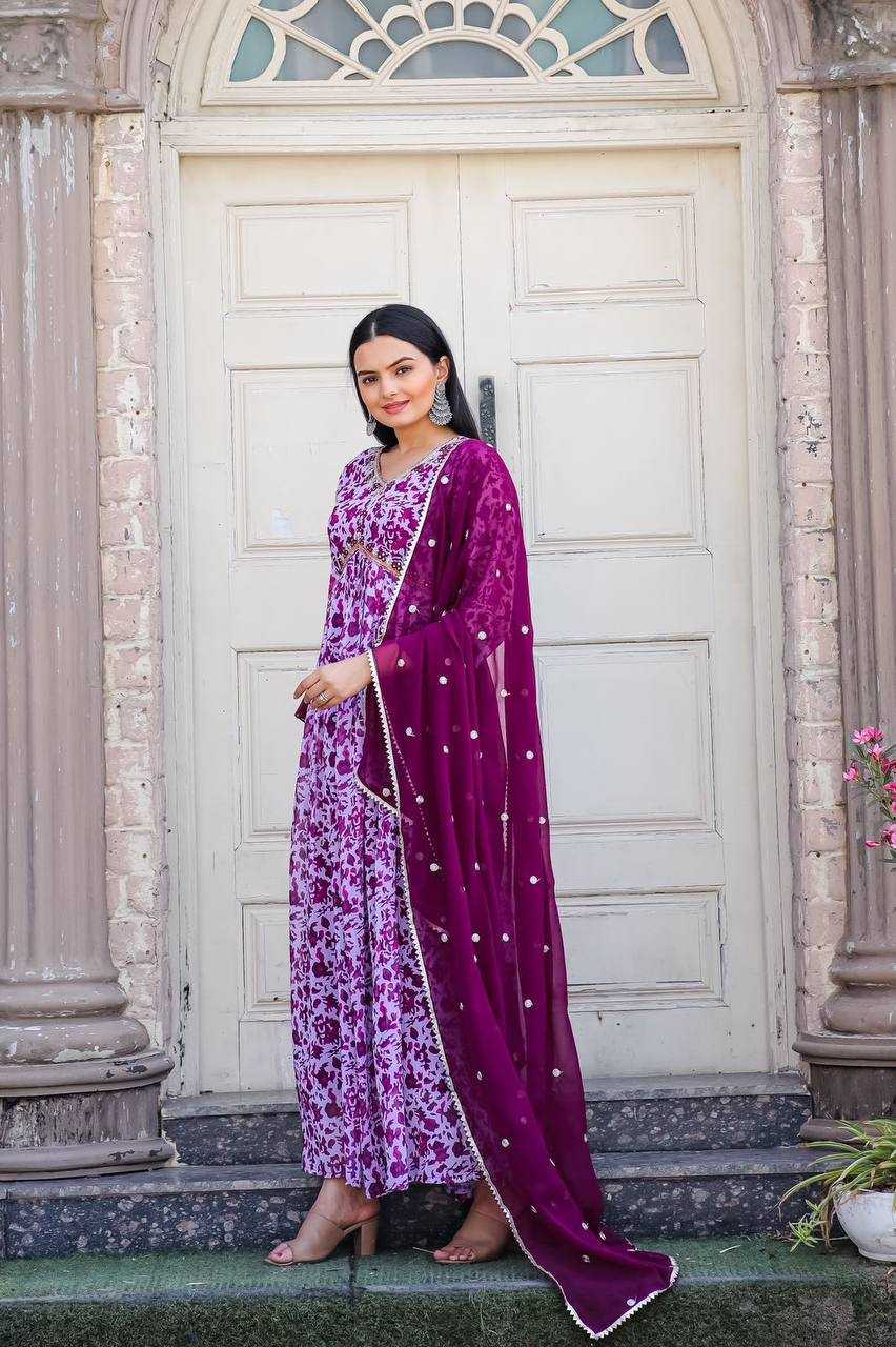 YNF GEORGETTE KESH211 LDY28 GOWNS WHOLESALE PRINTED EMBROIDERY ANARKALI LONG PURPLE GOWNS MANUFACTURER