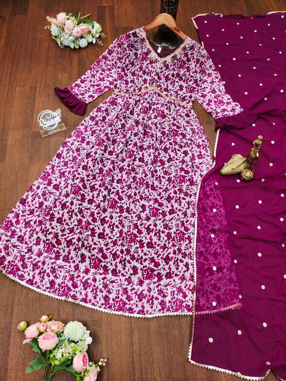 YNF GEORGETTE KESH211 LDY28 GOWNS WHOLESALE PRINTED EMBROIDERY ANARKALI LONG PURPLE GOWNS MANUFACTURER