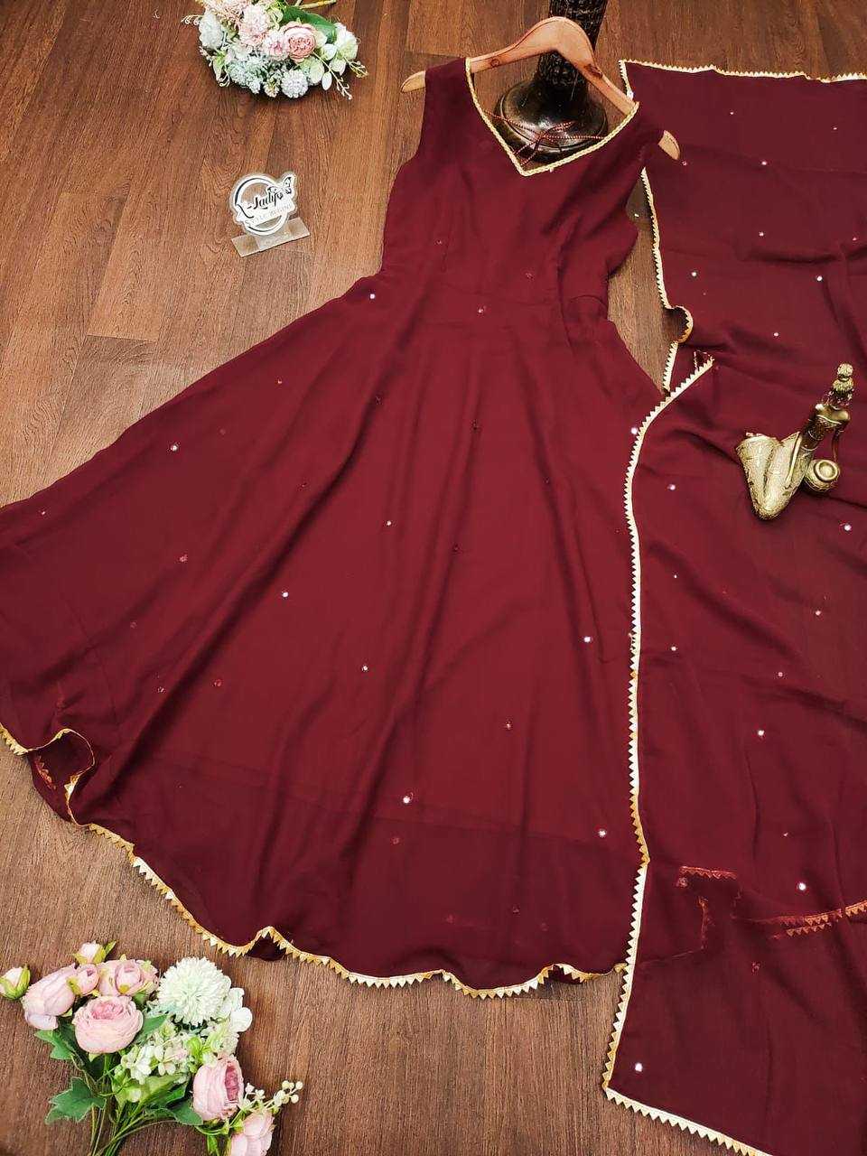 YNF GEORGETTE KESH211 LDY36 GOWNS WHOLESALE EMBROIDERY ANARKALI LONG GEORGETTE SLEEVELESS MAROON GOWNS MANUFACTURER