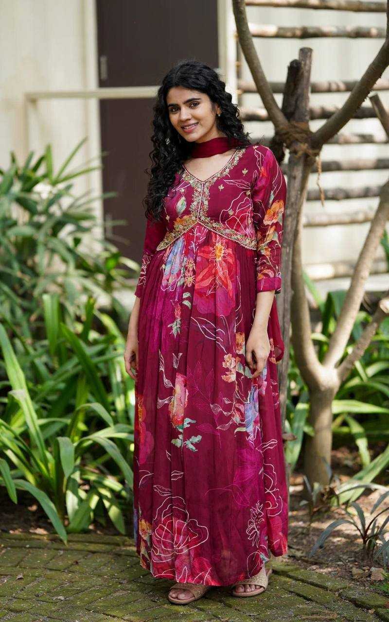 YNF GEORGETTE KESH211 LDY56 GOWNS WHOLESALE PRINTED EMBROIDERY ANARKALI LONG GEORGETTE MAROON GOWNS MANUFACTURER