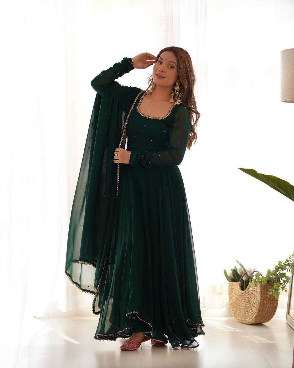 YNF GEORGETTE KESH211 LDY61 GOWNS WHOLESALE ANARKALI LONG GEORGETTE GOWN WITH DUPATTA FULL SLEEVE GREEN GOWNS MANUFACTURER