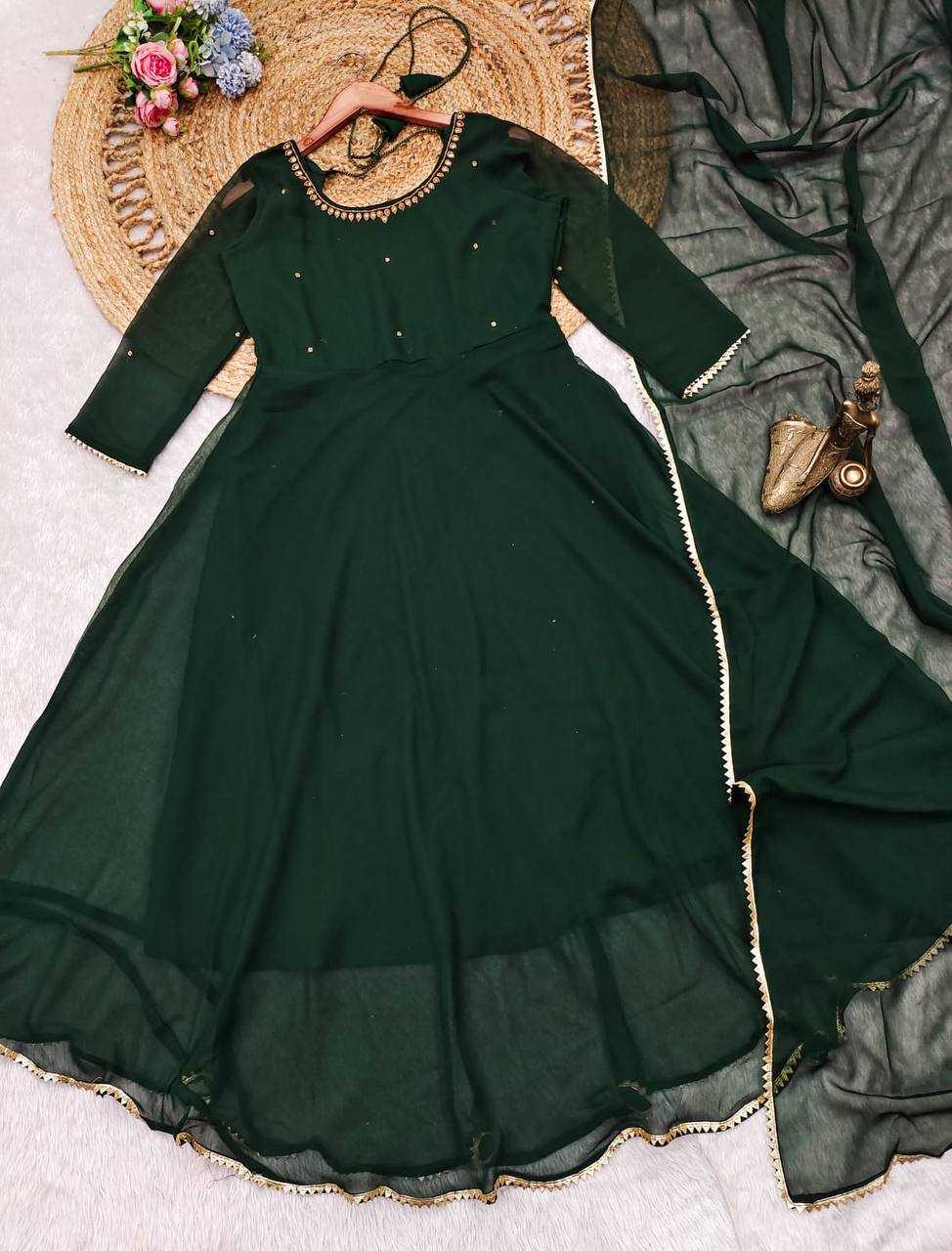 YNF GEORGETTE KESH211 LDY61 GOWNS WHOLESALE ANARKALI LONG GEORGETTE GOWN WITH DUPATTA FULL SLEEVE GREEN GOWNS MANUFACTURER