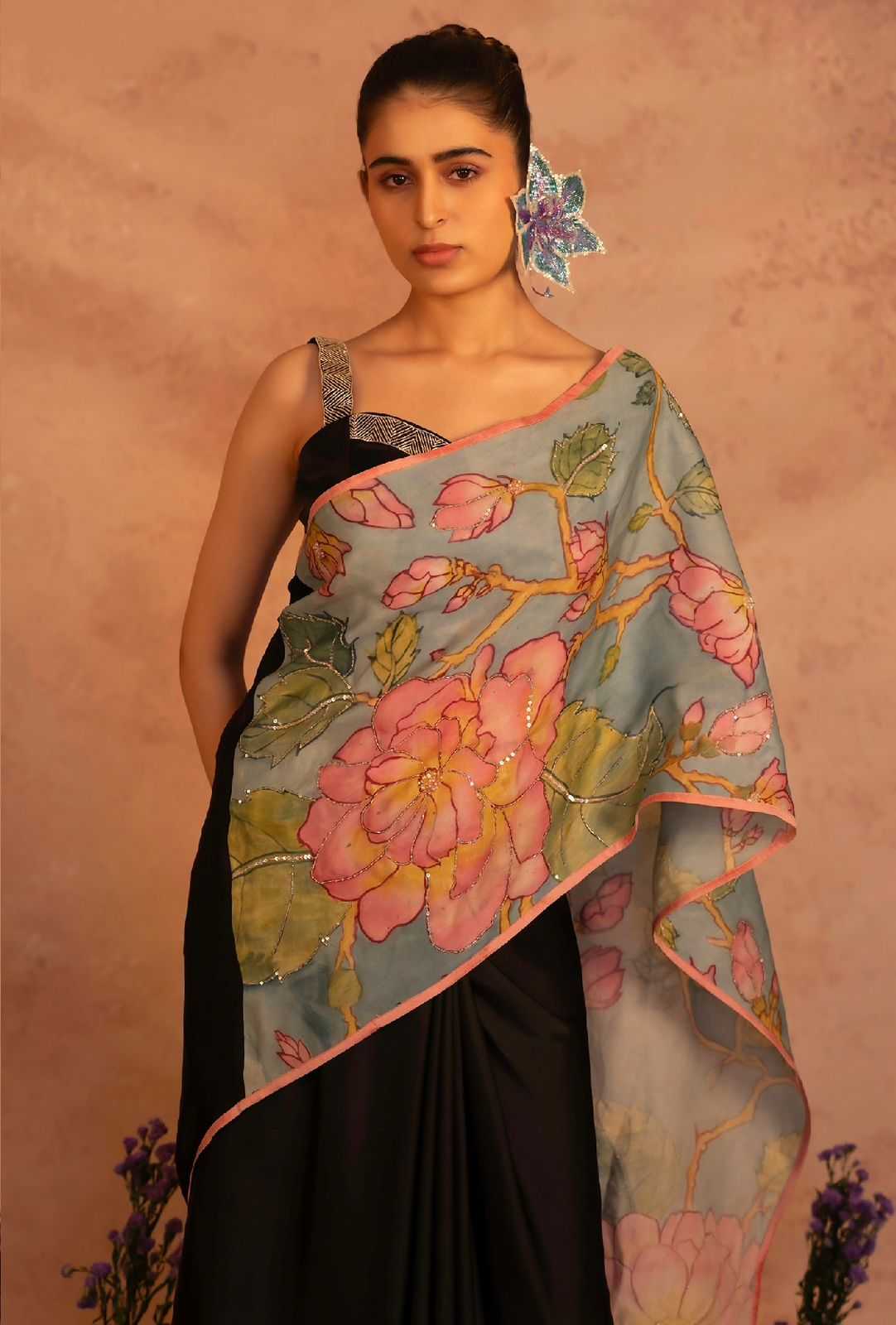 YNF SATIN RIN178 SNT22 SAREES WHOLESALE PRINTED EMBROIDERED KALAMAKARI BLACK SAREES MANUFACTURER