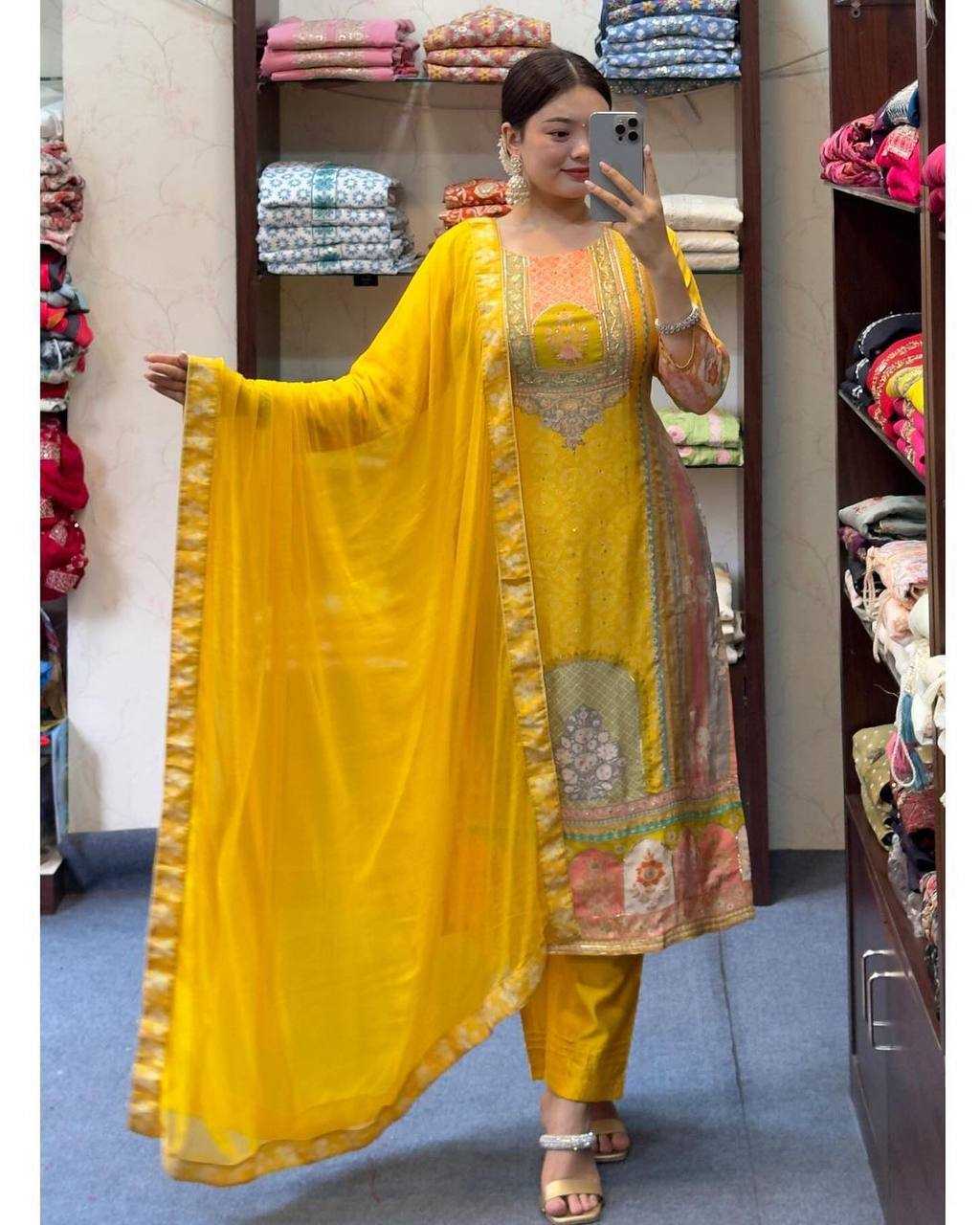 YNF SATIN SILK KESH211 LDY73 SUITS & DRESSES WHOLESALE LADIES PRINTED LADIES SILK YELLOW SALWAR SUITS MANUFACTURER