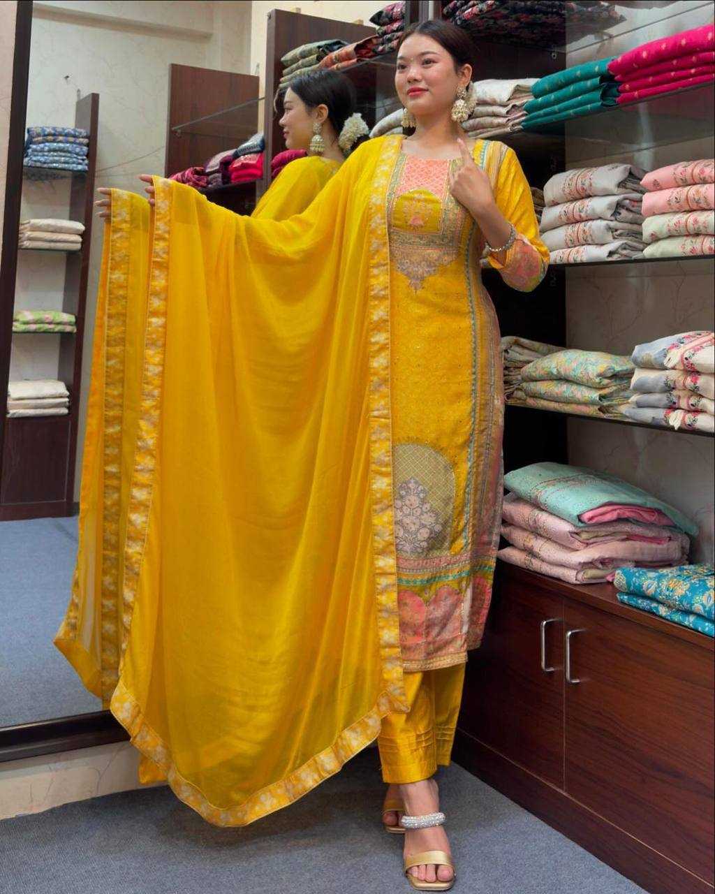 YNF SATIN SILK KESH211 LDY73 SUITS & DRESSES WHOLESALE LADIES PRINTED LADIES SILK YELLOW SALWAR SUITS MANUFACTURER